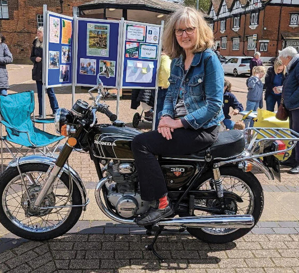 Carol on a motorbike for the Distinguished Gentlemen's Ride