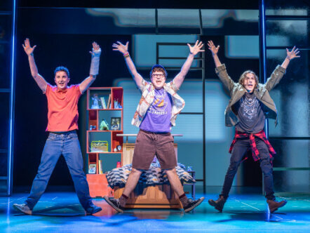 DEAR EVAN HANSEN. Ryan Kopel (Evan Hansen), Tom Dickerson (Jared Keinman) and Killian Thomas Lefevre (Connor Murphy). Photo Marc Brenner