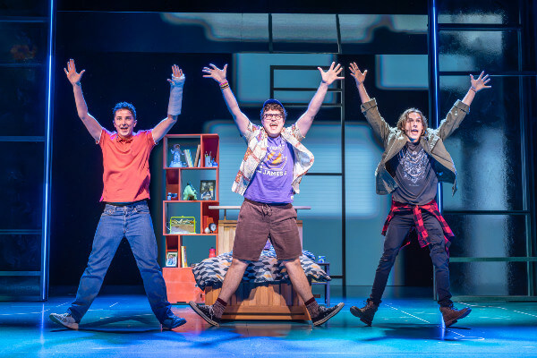 DEAR EVAN HANSEN. Ryan Kopel (Evan Hansen), Tom Dickerson (Jared Keinman) and Killian Thomas Lefevre (Connor Murphy). Photo Marc Brenner