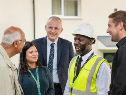 Dacorum Mayor Cllr Garrick Stevens, Portfolio Holder for Housing and Property Services, Cllr Simy Dhyani, Dacorum Borough Council Chief Executive Darren Welsh with Cardo engineer and Ricky Lang, Head of Safe Homes