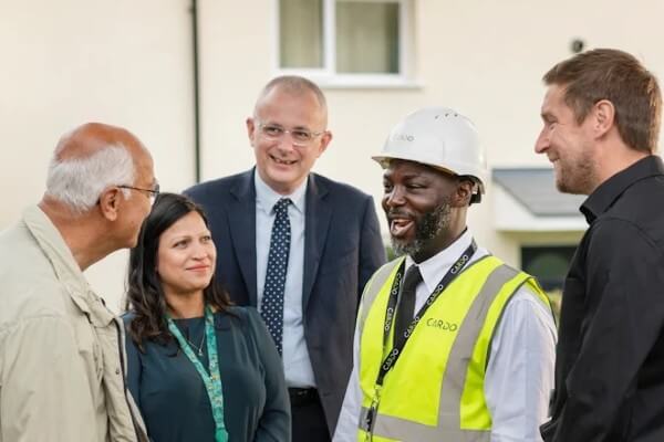 Dacorum Mayor Cllr Garrick Stevens, Portfolio Holder for Housing and Property Services, Cllr Simy Dhyani, Dacorum Borough Council Chief Executive Darren Welsh with Cardo engineer and Ricky Lang, Head of Safe Homes