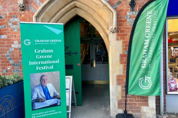 Entrance to Berkmansted Town Hall with new Graham Greene Birthplace Trust signage. Photo: Jo Wilson