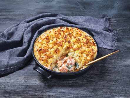 Fish pie with smoked haddock prawns salmon topped with potato mash