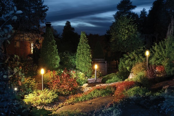 Illuminated home garden path patio lights and plants in autumn evening dusk