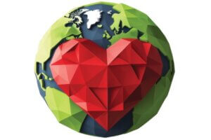 A low-poly style illustration depicts a red heart positioned centrally over a green and blue low-poly Earth.