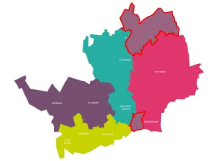 Map of Hertfordshire divided into proposed four unitaries