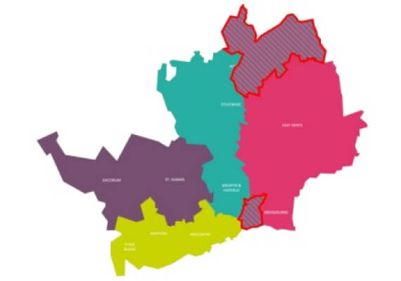 Map of Hertfordshire divided into proposed four unitaries