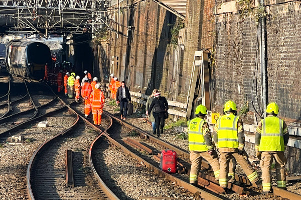 Living Magazines Network Rail teams and emergency services helping passengers off stranded train outside Euston station