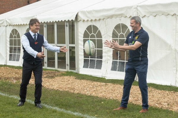 Peter Borg-Neal & Tring Rugby Club's Chairman, John Ball in front of the new marquee CREDIT ADAM HOLLIER PHOTOGRAPHY
