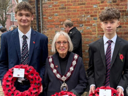 Remembrance 2025 -Cllr Susan Jordan with the joint chairs of the Berkhamsted Youth Town Council, Dominic Schwab and Curtis Florido