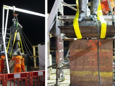Living Magazines Robert Stephenson statue removal composite