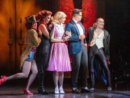 Living Magazines Rocky Horror Show L-R Haley Flaherty as Janet, Richard Meek as Brad, Suzie McAdam as Magenta, Kristian Lavercombe as Riff Raff, Darcy Finden as Columbia