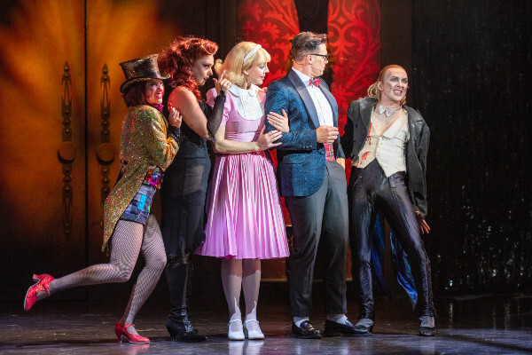 Living Magazines Rocky Horror Show L-R Haley Flaherty as Janet, Richard Meek as Brad, Suzie McAdam as Magenta, Kristian Lavercombe as Riff Raff, Darcy Finden as Columbia