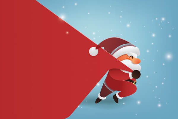 Santa Claus with a huge bag on the run to delivery christmas gifts at snow fall.Merry Christmas text Calligraphic Lettering Vector illustration.