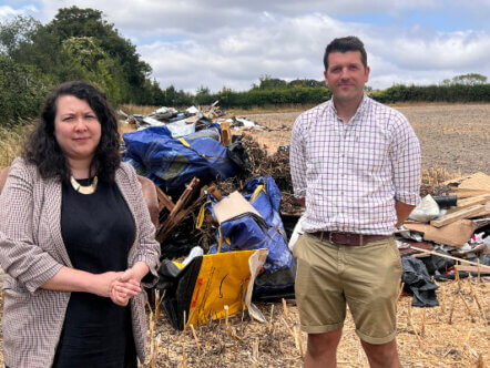 Victoria Collins MP inspects fly tipping waste crime site at Aldbury