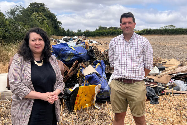 Victoria Collins MP inspects fly tipping waste crime site at Aldbury