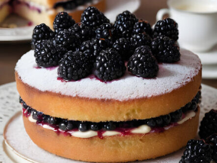 Victoria Sponge cake filled with blackberries and cream