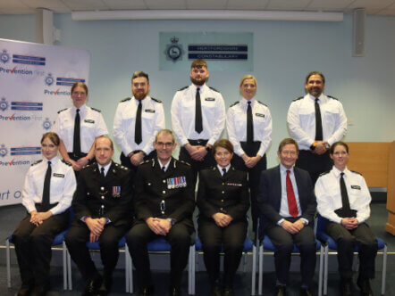 New recruits pictured with Chief of Staff Jon Simpson (front row, second in from left), Chief Constable Charlie Hall, Special Superintendent Joanne Reay and Justice of Peace Dr Stephen Pam