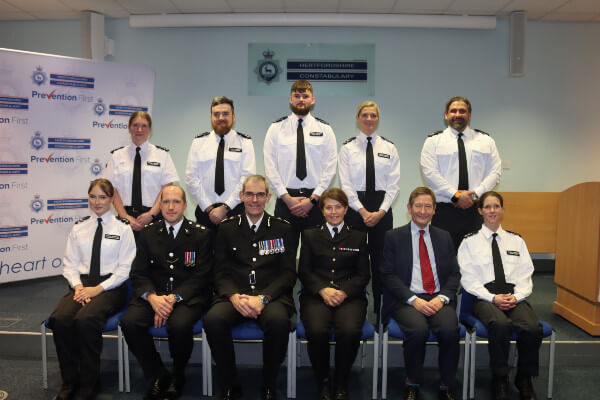 New recruits pictured with Chief of Staff Jon Simpson (front row, second in from left), Chief Constable Charlie Hall, Special Superintendent Joanne Reay and Justice of Peace Dr Stephen Pam