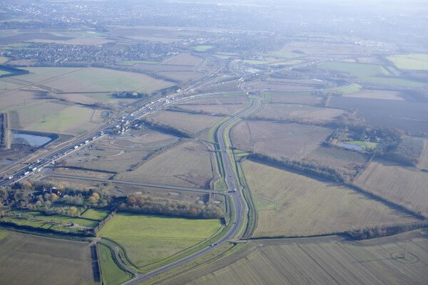 Living Magazines A14 Road Project the new A1307 (centre), Girton interchange link (top) and A14 (left) near Cambridge